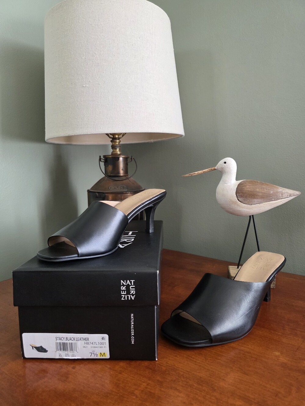 Naturalizer Stacy H8747L1001 Black Leather Heeled Mule Sandals 7.5 M NIB